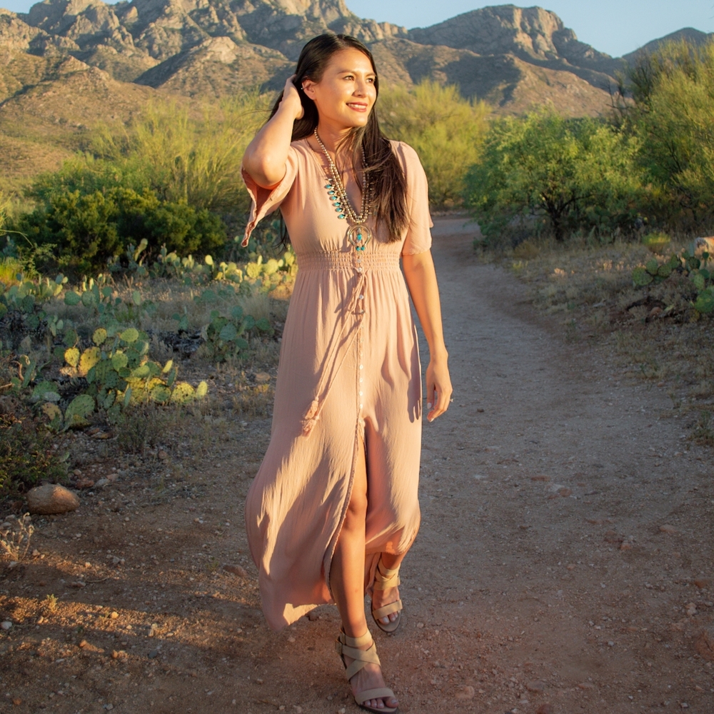 Nude Button Up Maxi Dress with Leg Slits